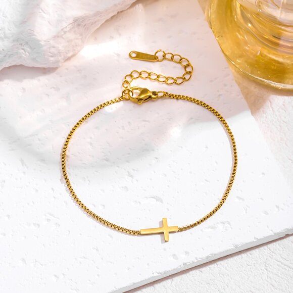 3/$35 Dainty 18K Gold Plated Cross Charm Adjustable Box Chain Bracelet - Picture 7 of 7